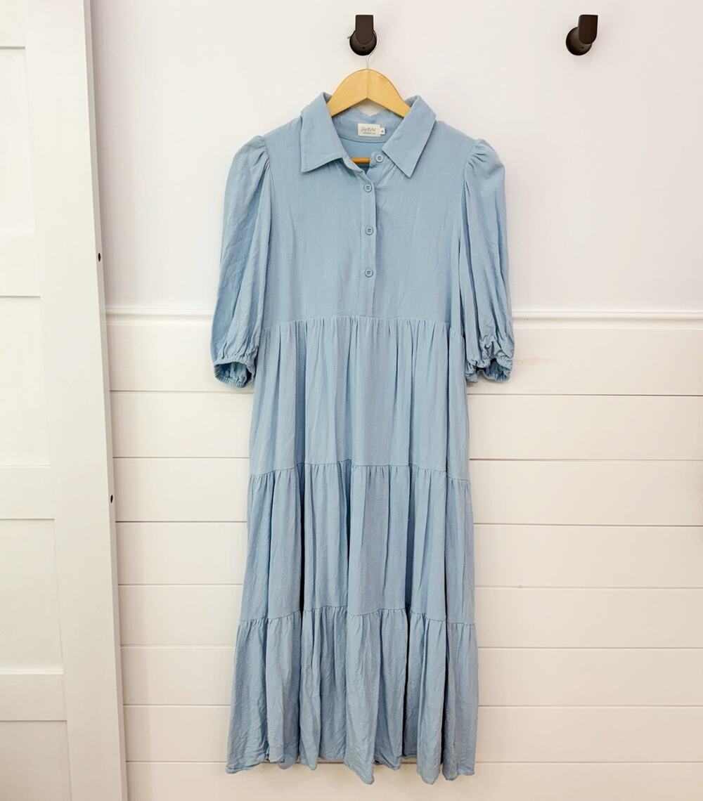 Women’s Shop the Mint Blue Collared Button Front Puff Sleeve Midi Dress M